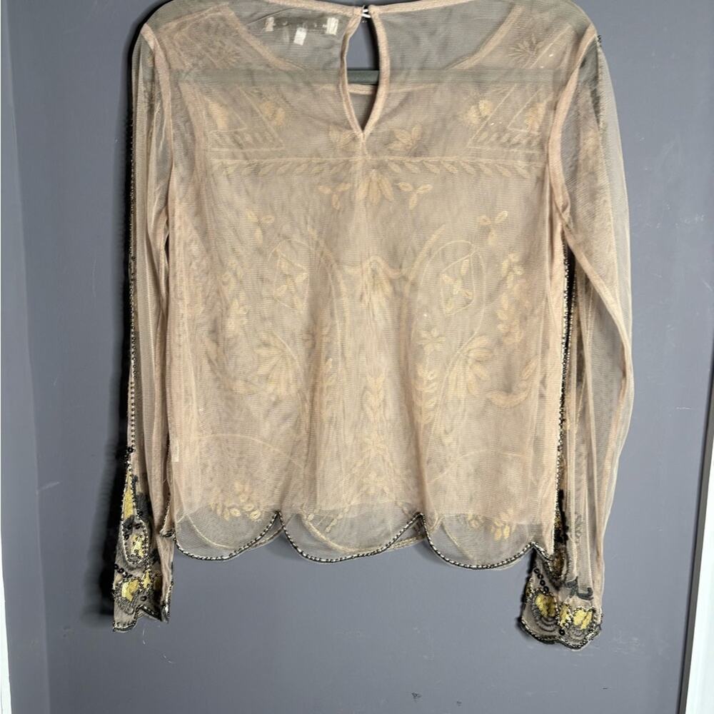 Endless Rose Tan and Gray Sheer Mesh Long Sleeve Top Beading & Embroidered Sz S - Picture 6 of 6